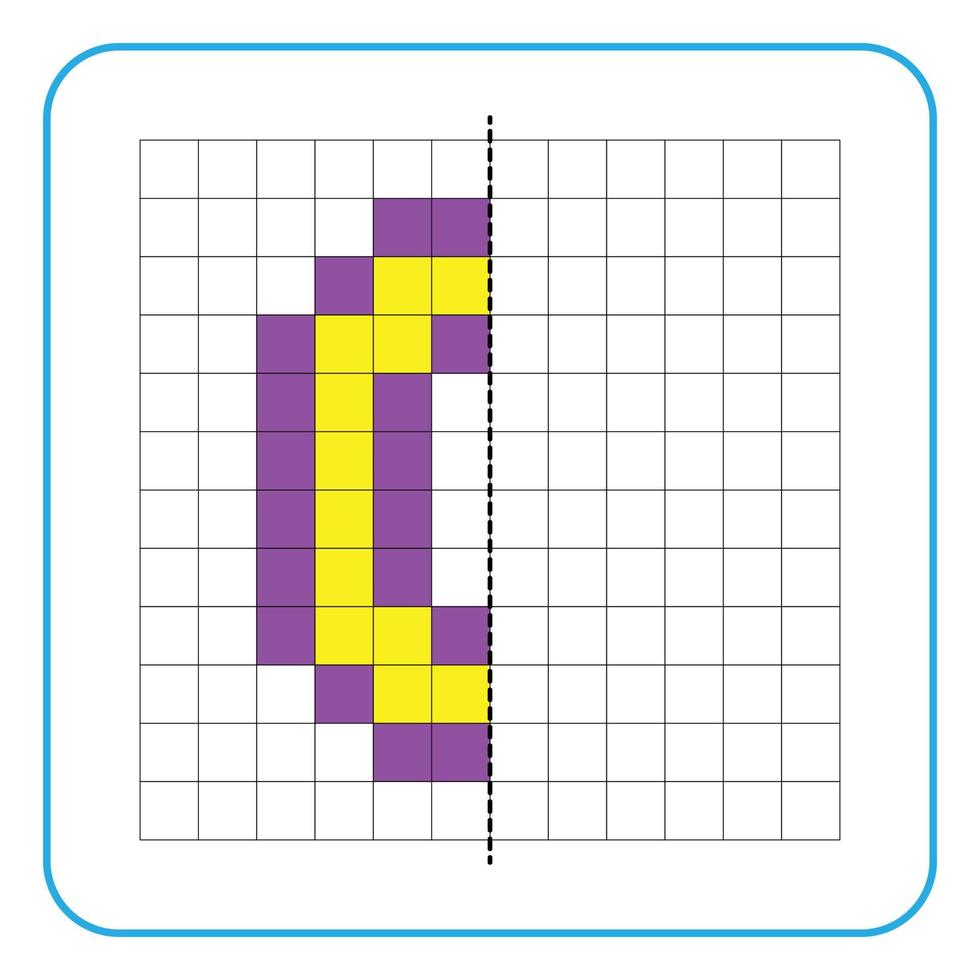 Bild Reflexion Lernspiel für Kinder. lernen, symmetrische Arbeitsblätter für Vorschulaktivitäten auszufüllen. Ausmalen von Rasterseiten, visuelle Wahrnehmung und Pixelkunst. Beende den Buchstaben o. vektor