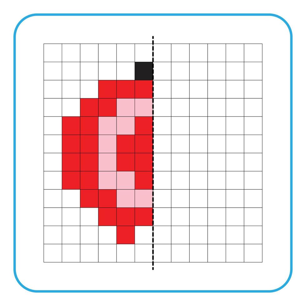 Bild Reflexion Lernspiel für Kinder. lernen, symmetrische Arbeitsblätter für Vorschulaktivitäten auszufüllen. Ausmalen von Rasterseiten, visuelle Wahrnehmung und Pixelkunst. Beenden Sie die Granatapfelfrucht. vektor