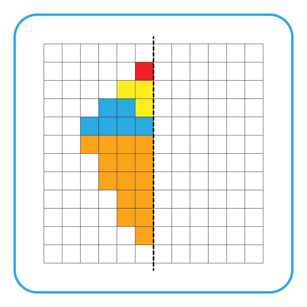 Bild Reflexion Lernspiel für Kinder. lernen, symmetrische Arbeitsblätter für Vorschulaktivitäten auszufüllen. Ausmalen von Rasterseiten, visuelle Wahrnehmung und Pixelkunst. Beenden Sie das Eiscremebild. vektor