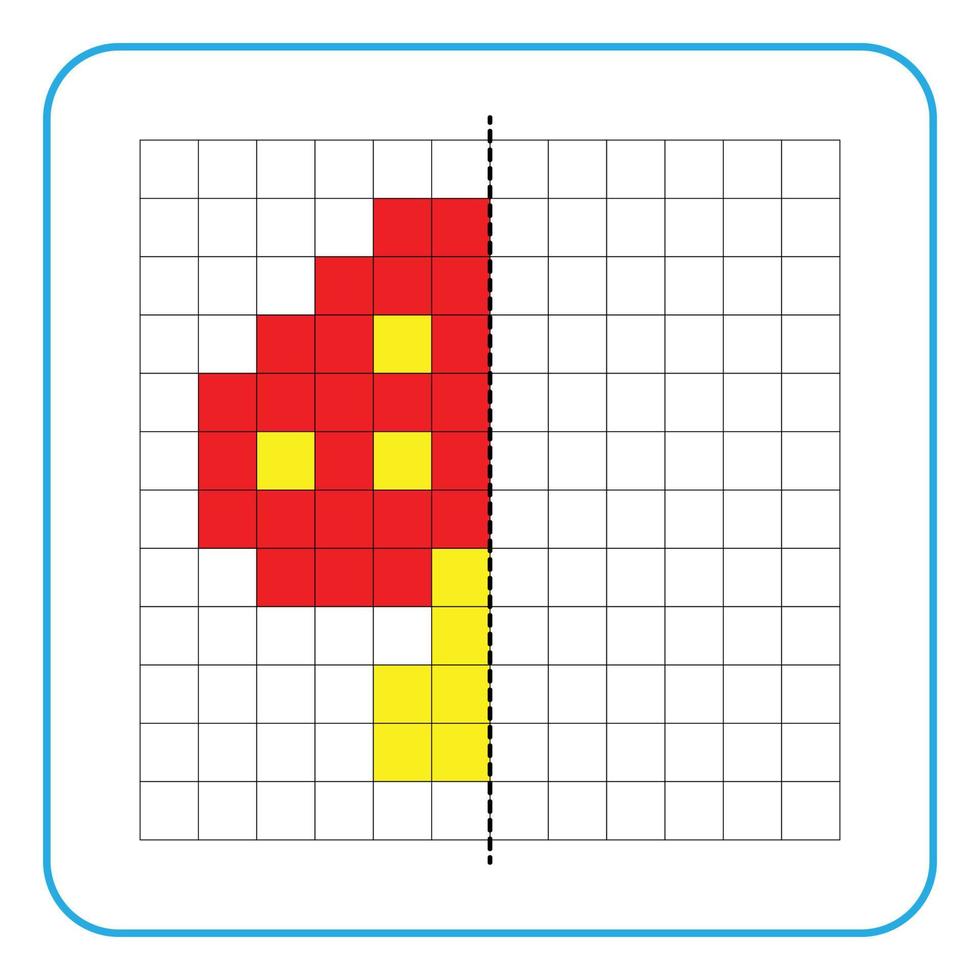 Bild Reflexion Lernspiel für Kinder. lernen, symmetrische Arbeitsblätter für Vorschulaktivitäten auszufüllen. Ausmalen von Rasterseiten, visuelle Wahrnehmung und Pixelkunst. Beenden Sie das Pilzbild. vektor