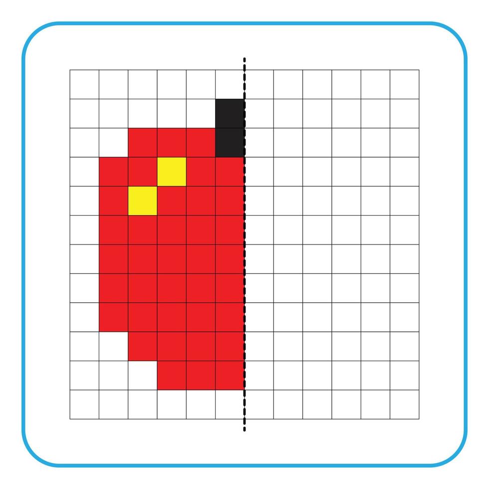 Bild Reflexion Lernspiel für Kinder. lernen, symmetrische Arbeitsblätter für Vorschulaktivitäten auszufüllen. Ausmalen von Rasterseiten, visuelle Wahrnehmung und Pixelkunst. Beenden Sie das Apfelfruchtbild. vektor