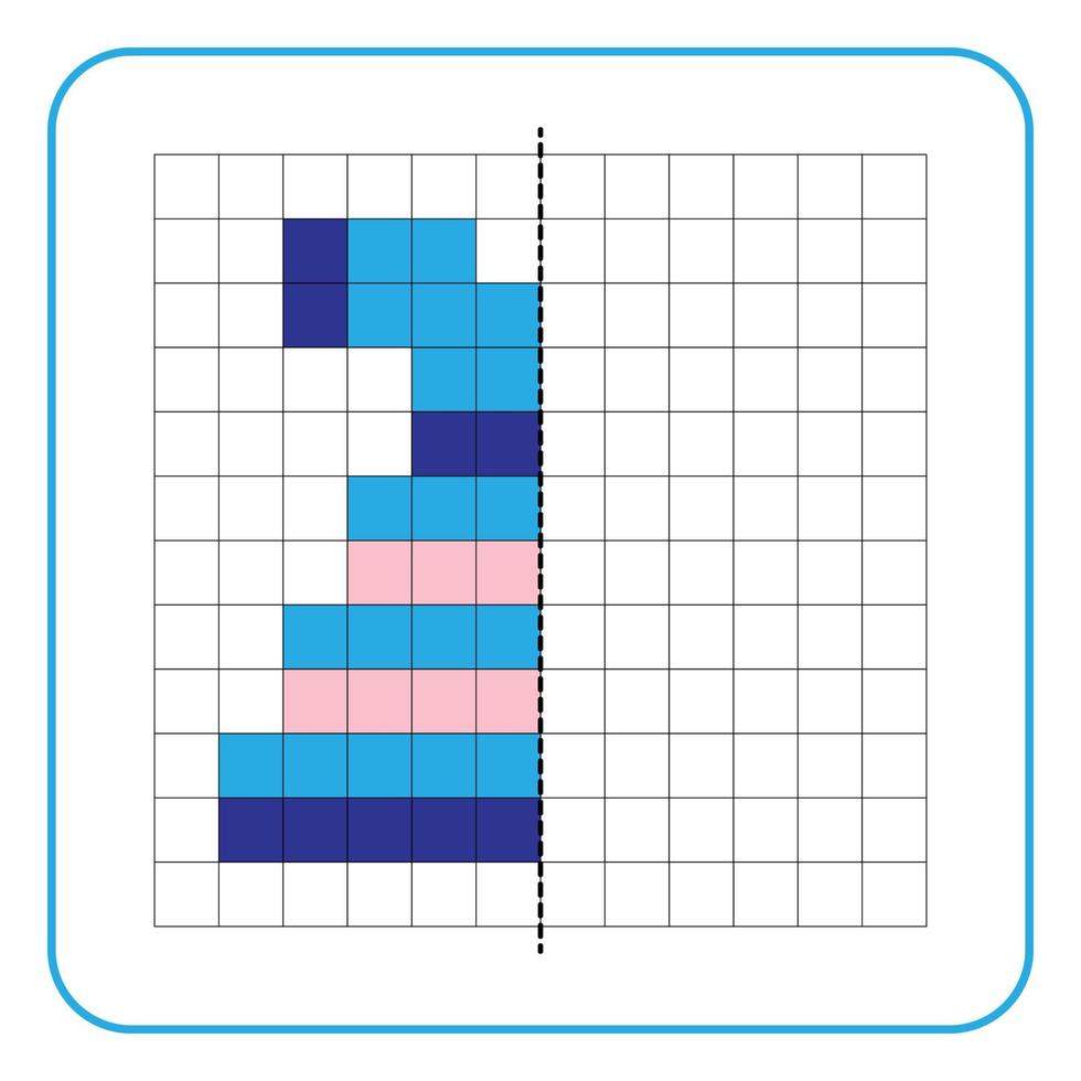 Bild Reflexion Lernspiel für Kinder. lernen, symmetrische Arbeitsblätter für Vorschulaktivitäten auszufüllen. Ausmalen von Rasterseiten, visuelle Wahrnehmung und Pixelkunst. Beende die Mädchenkleider. vektor