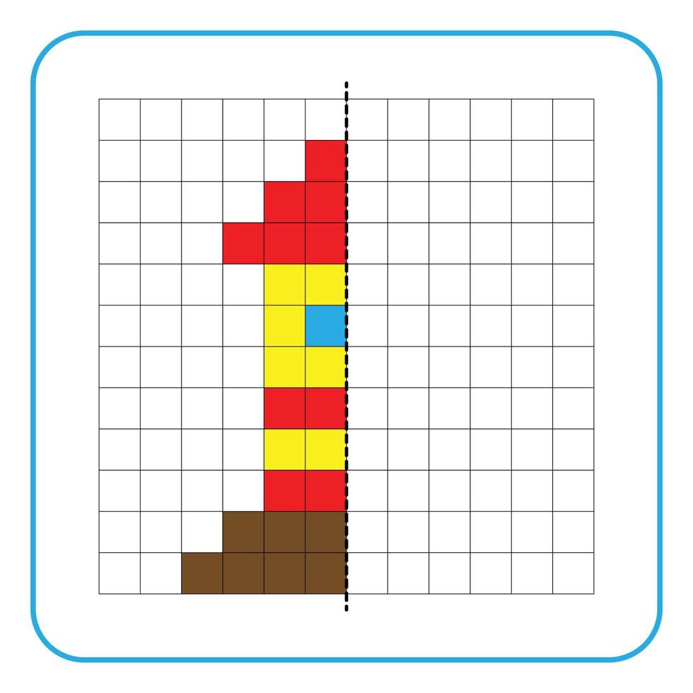 bild reflektion pedagogiskt spel för barn. lära sig att fylla i symmetriska arbetsblad för förskoleverksamhet. rutnät för målarbok, bildmosaik eller pixelkonst. avsluta fyrtornet. vektor