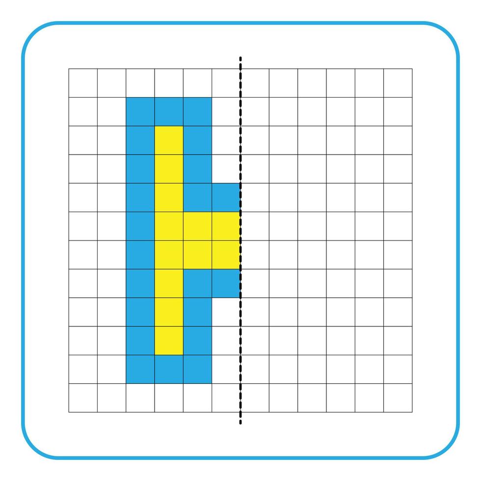 bild reflektion pedagogiskt spel för barn. lära sig att fylla i symmetriska arbetsblad för förskoleverksamhet. målarbilder, visuell perception och pixelkonst. avsluta bokstaven h. vektor