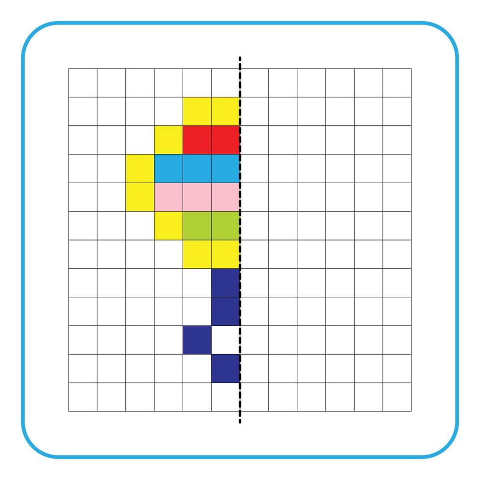 Bild Reflexion Lernspiel für Kinder. lernen, symmetrische Arbeitsblätter für Vorschulaktivitäten auszufüllen. Ausmalen von Rasterseiten, visuelle Wahrnehmung und Pixelkunst. Beenden Sie den Babyrasselstab vektor