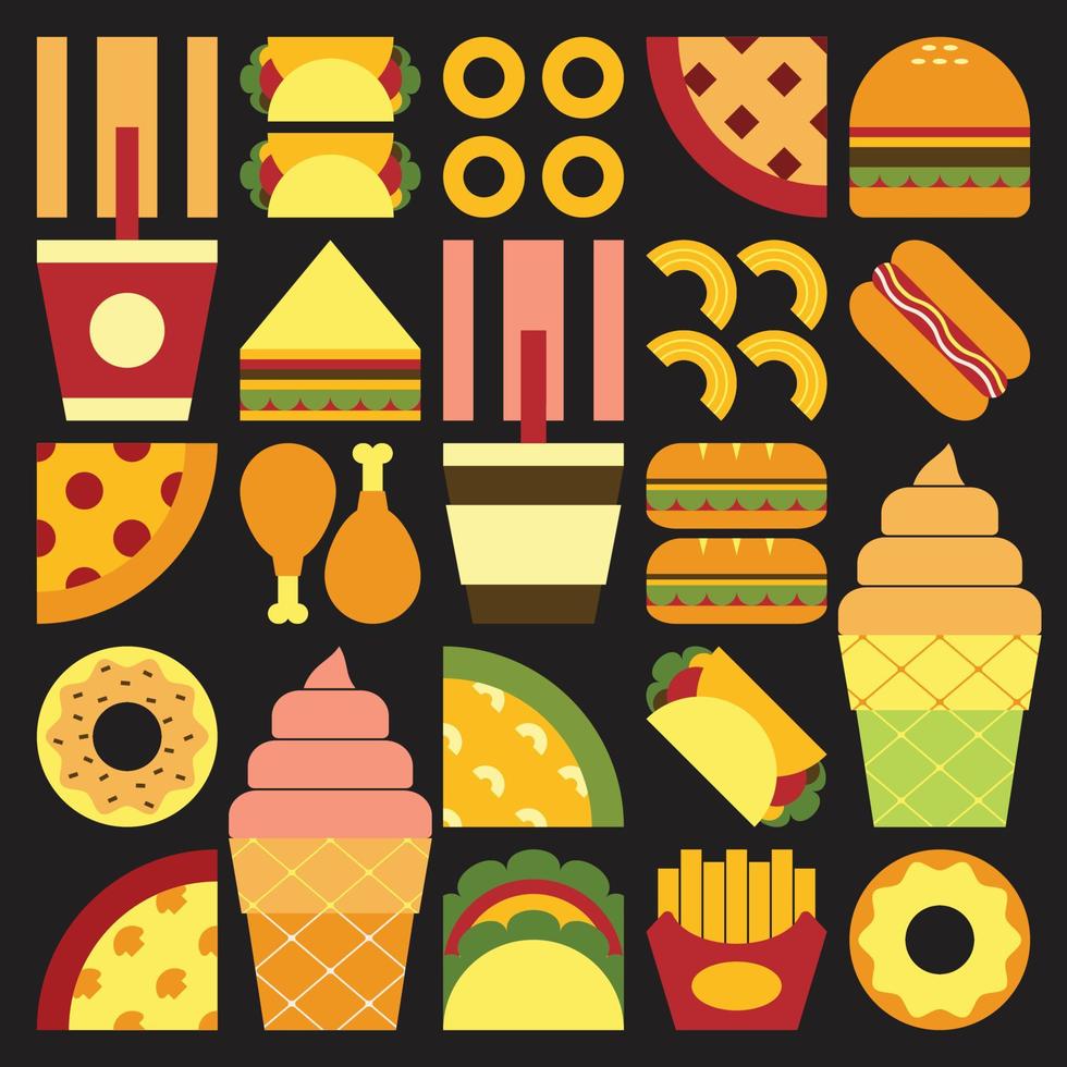 Flaches, minimalistisches, geometrisches Fast-Food-Symbolgrafikposter mit farbenfrohen, einfachen Formen. abstraktes Vektormusterdesign von Junk Food und Getränken. Burger, Pizza, Pommes Frites, Limonade, Kaffee und Eis. vektor