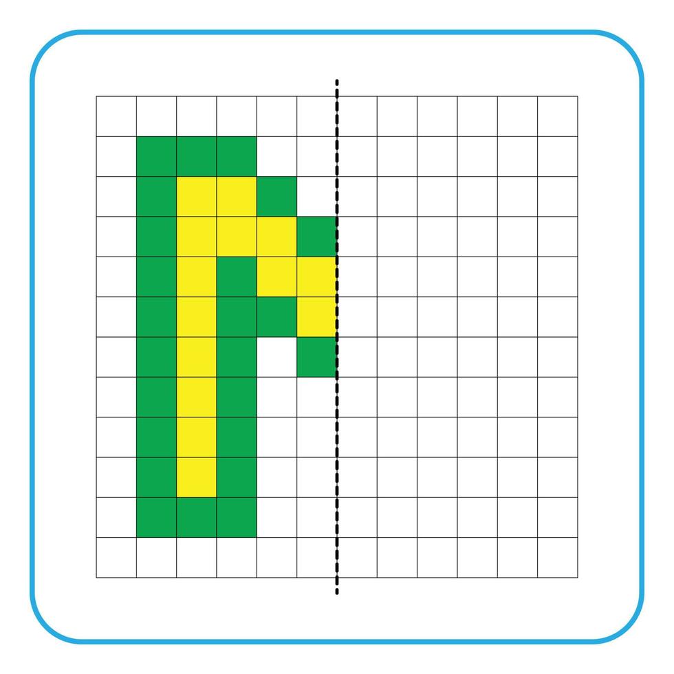 Bild Reflexion Lernspiel für Kinder. lernen, symmetrische Arbeitsblätter für Vorschulaktivitäten auszufüllen. Ausmalen von Rasterseiten, visuelle Wahrnehmung und Pixelkunst. Beende den Buchstaben m. vektor