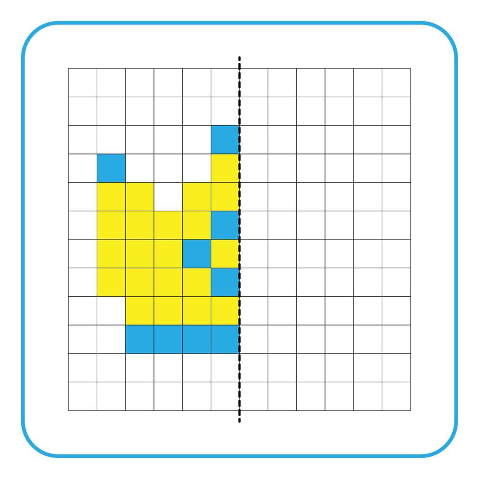 Bild Reflexion Lernspiel für Kinder. lernen, symmetrische Arbeitsblätter für Vorschulaktivitäten auszufüllen. Ausmalen von Rasterseiten, visuelle Wahrnehmung und Pixelkunst. Vollenden Sie die Königskrone. vektor