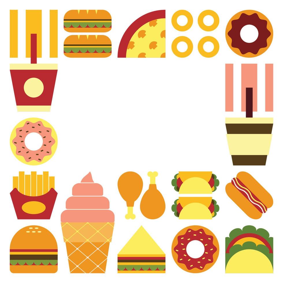 Flaches, minimalistisches, geometrisches Fast-Food-Symbolgrafikposter mit farbenfrohen, einfachen Formen. abstraktes Vektormusterdesign von Junk Food und Getränken. Burger, Pizza, Pommes Frites, Limonade, Kaffee und Eis. vektor