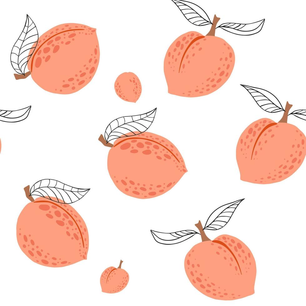 köstliche pfirsiche mit nahtlosem muster der blätter, fruchtmusterillustration. trendiges hintergrunddesign für stoff, textil, innendekoration vektor