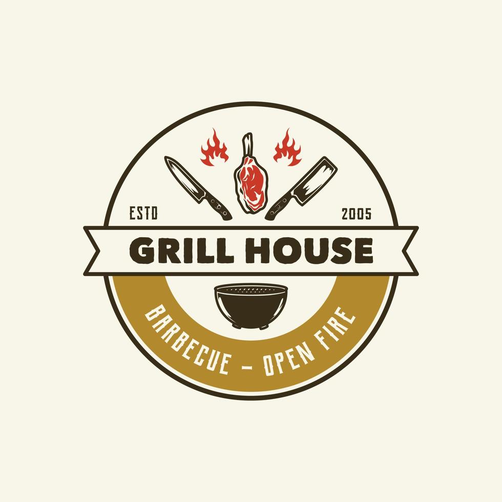 handritad vintage grill hus logotyp badge vektor