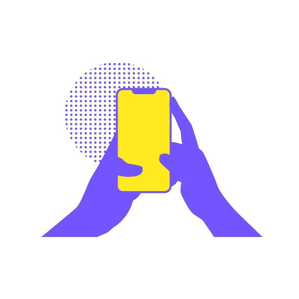 hand som håller smartphone platt design vetor illustration med lila och gul färg på vit bakgrund vektor