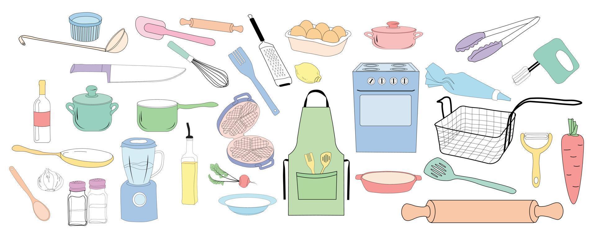 en uppsättning rätter för köket vektor stock illustration. kockens matlagningsredskap. klistermärken om hushållet. mallar för menyrecept. isolerad på en vit bakgrund.