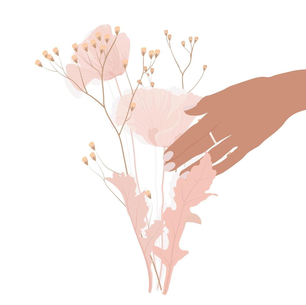 hand som håller vallmo vektor stock illustration. beige pioner och gypsophila. blommig design av mallen för bröllopsinbjudan, rosa rymdblommor med löv. affisch.