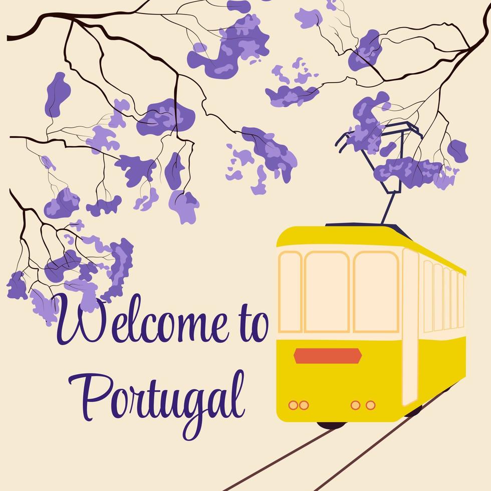 välkommen till portugal. turist banner, vykort. den gula spårvagnen i lissabon. lila jakarandaträd. vektor