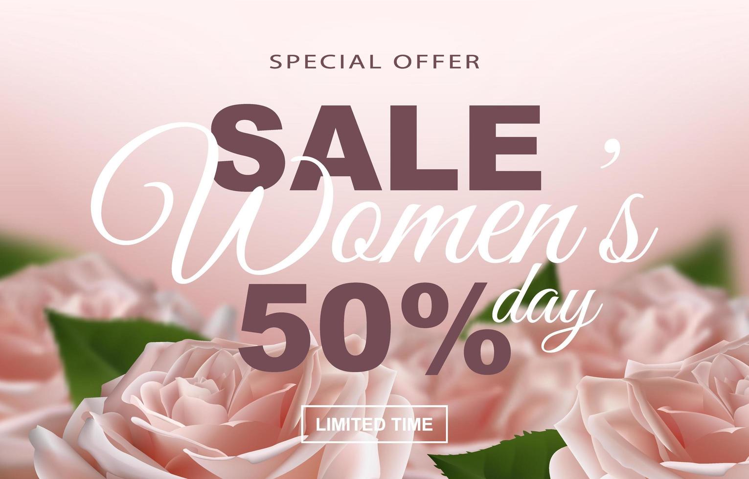 Specialerbjudande. kvinnodag rea banner med realistiska ros blommor och reklam rabatt text dekoration. vektor illustration