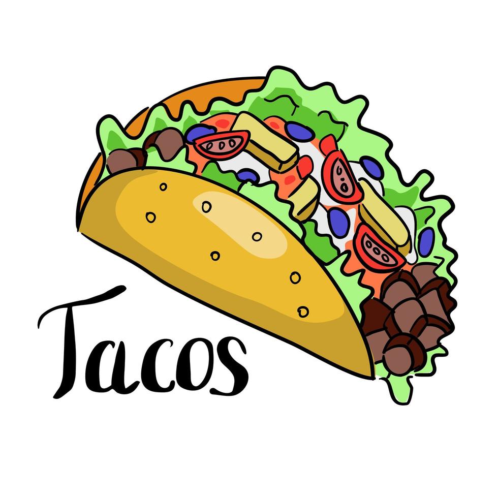 Tacos-Illustration mit Schriftzug. Lebensmittel-Vektor-Illustration vektor