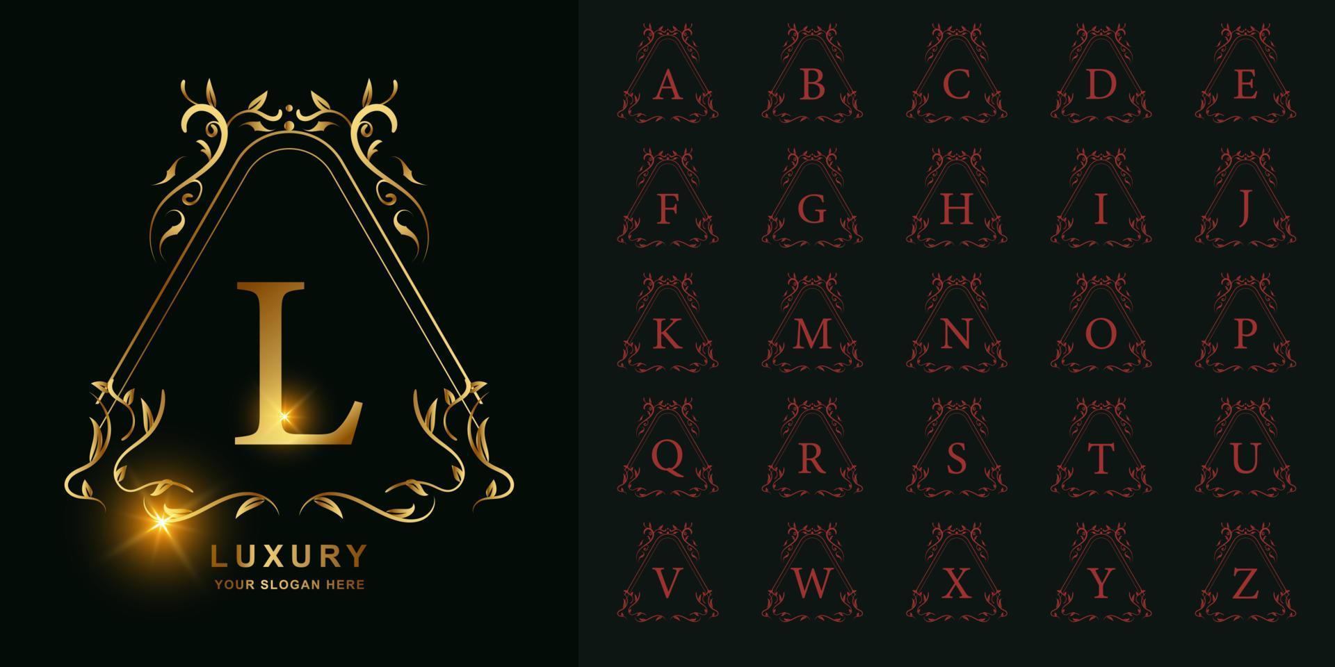 bokstaven l eller samling initiala alfabetet med lyx prydnad blommig ram gyllene logotyp mall. vektor