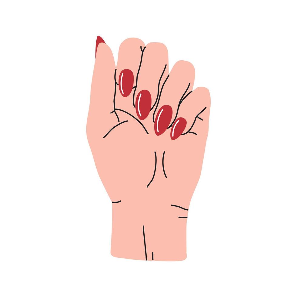 kvinnlig hand med röd manikyr i tecknad platt stil. vektor illustration isolerad på vit bakgrund.