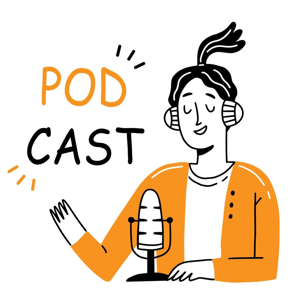 glad tjej med hörlurar spelar in en podcast. en kvinnlig karaktär talar i en mikrofon. vektor illustration i linje doodle stil.