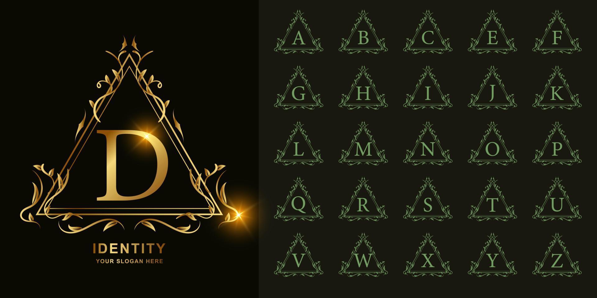 bokstaven d eller samling initiala alfabetet med lyx prydnad blommig ram gyllene logotyp mall. vektor