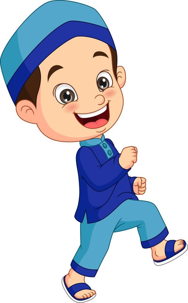 glücklicher muslimischer Junge Cartoon auf weißem Hintergrund vektor