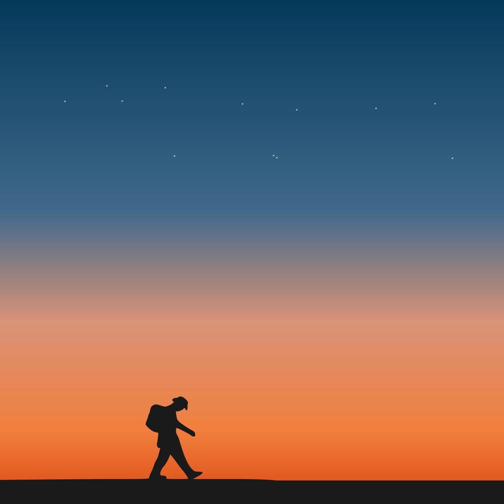 resenär stående på toppen av ett berg med solnedgång bakgrund vektor