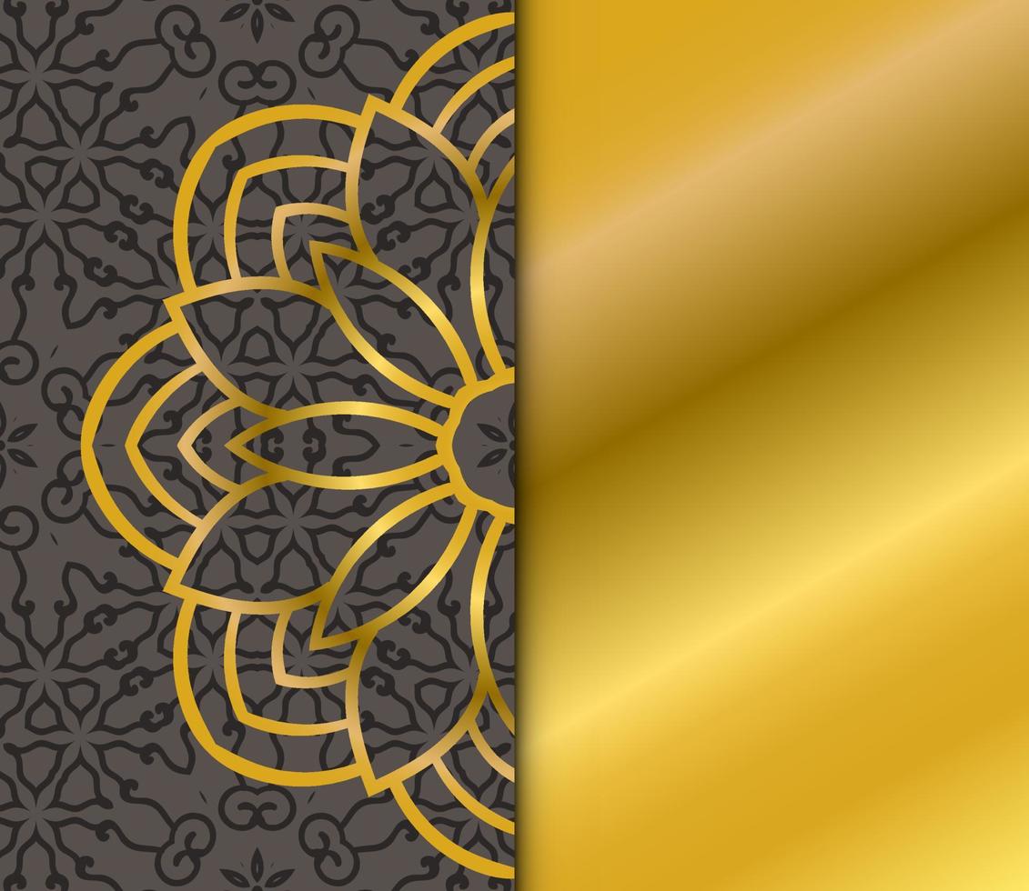 söta guld mandala kort med randigt mönster. dekorativa runda doodle blomma isolerad på mörk bakgrund. geometrisk dekorativ prydnad i etnisk orientalisk stil. vektor