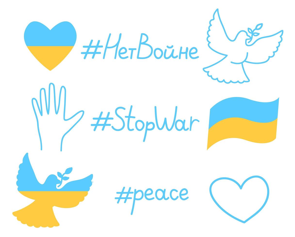 ukrainische symbole. blaue und gelbe flagge, friedenstaube mit olivenzweig, stopp-palmengeste und schriftzug hashtag stopwar mit russland 2022 friedenskonzept. isoliert auf weiß im Umriss einfacher flacher Stil vektor