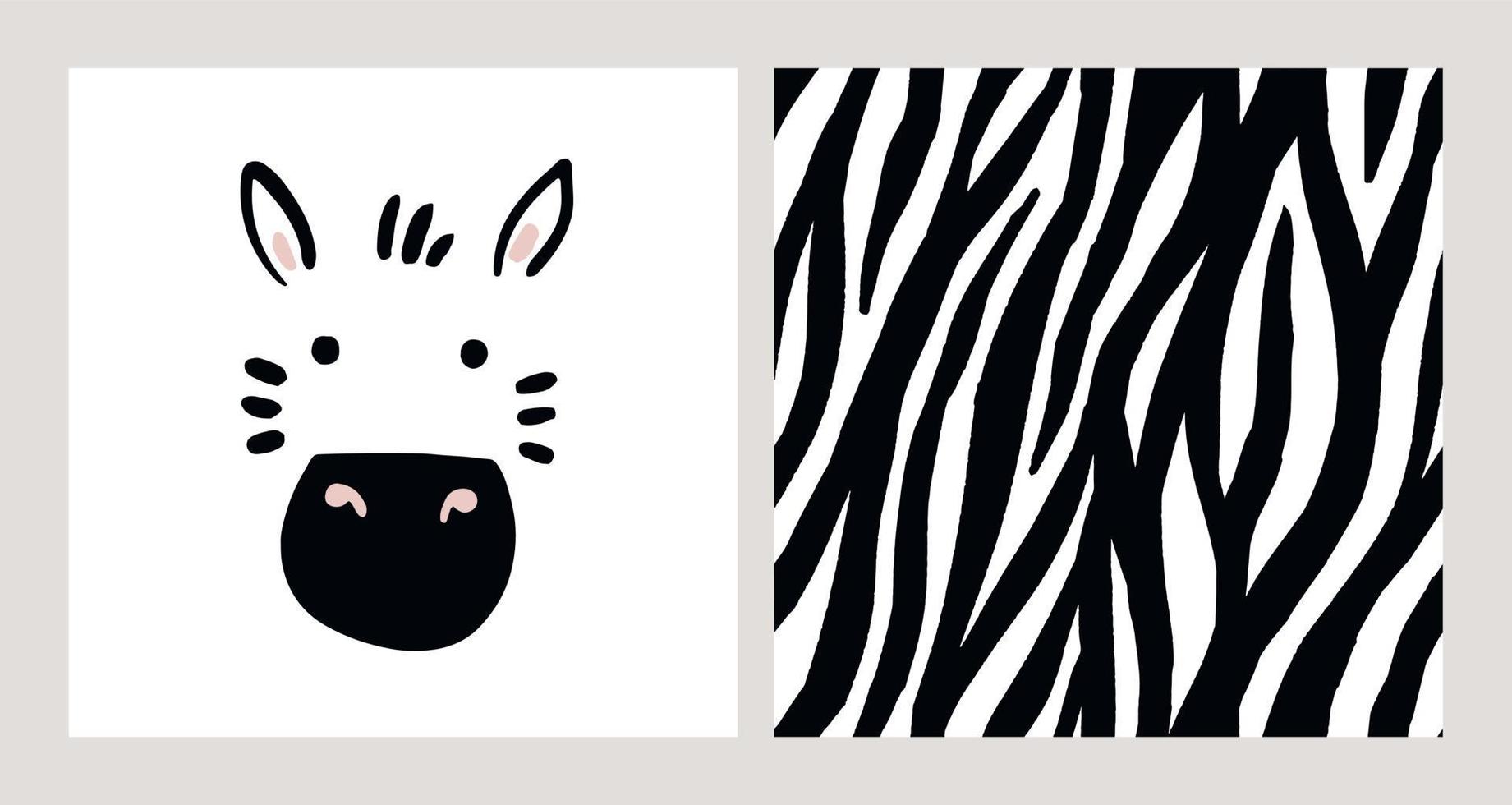 zebra ansikte och zebra hud mönster. handritat kort med söta zebra ansikte och afrikanskt mönster. sömlös bakgrund. barn zebra djur karaktär. babyaffisch, barnkammare väggkonst, kort, rum dekoration. vektor
