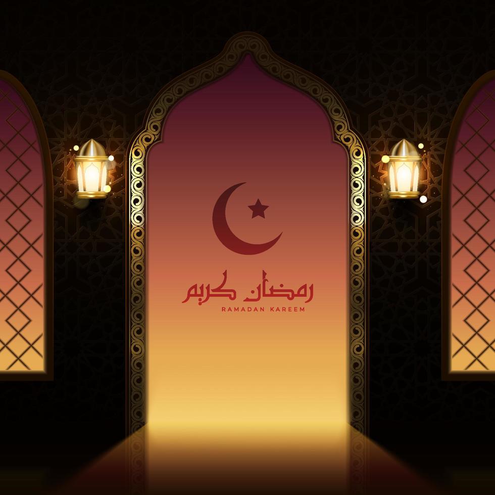 islamische grußkartenillustration mit moscheeninnentür, sonnenuntergangslicht und arabischer kalligrafie. schöner ramadan kareem in kalligrafie mit moscheentor in maghrib und beleuchteten laternen vektor