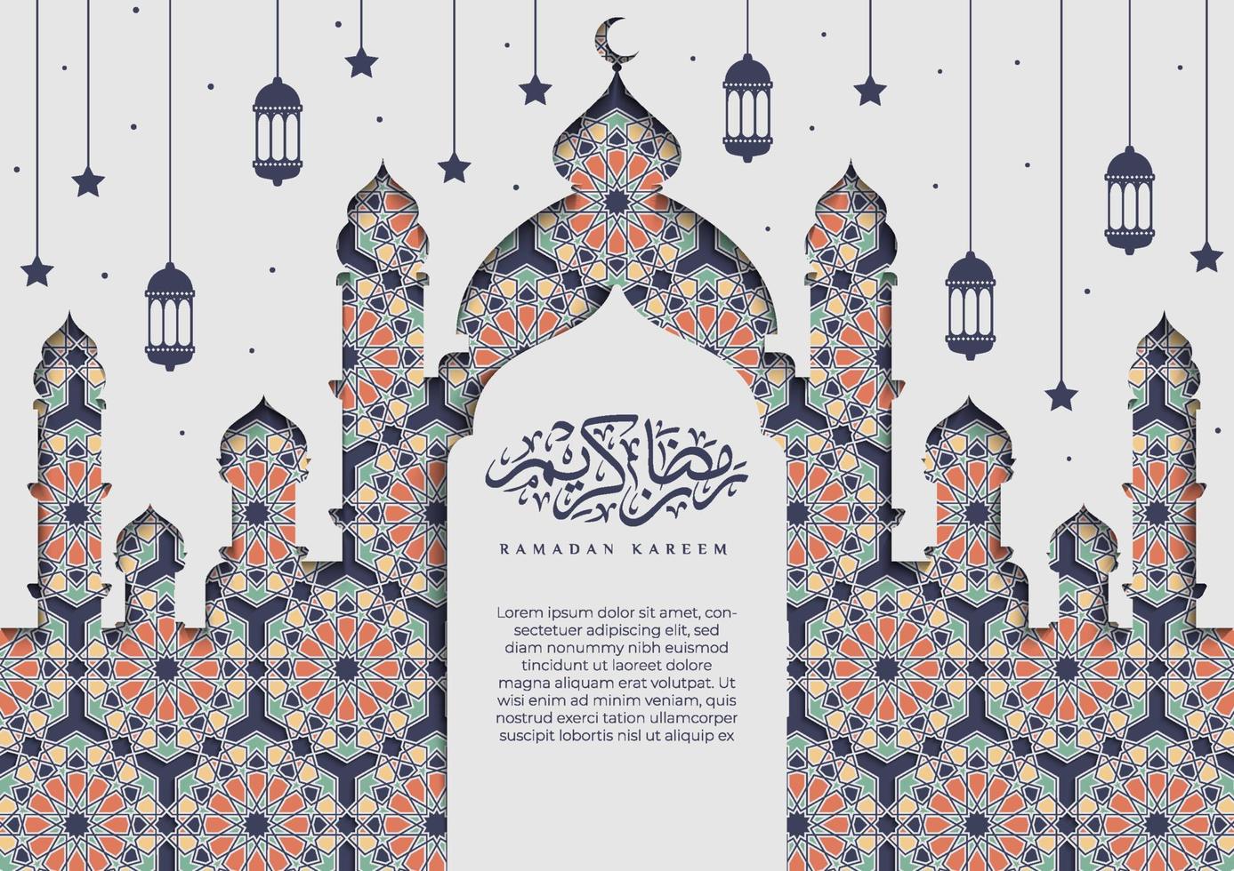 vacker ramadan kareem i pappersklippt stil med arabisk kalligrafi, arabeskmönster, moské och islamisk prydnad. ramadan kareem i arabisk kalligrafi vektor