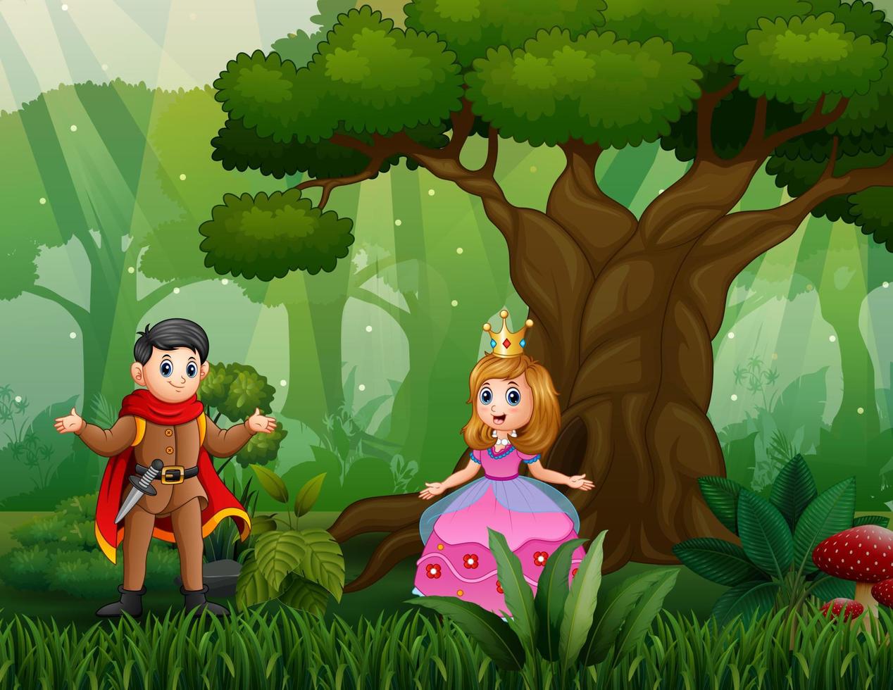 tecknad en prins och en prinsessa i skogen vektor