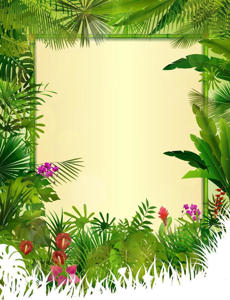tropischer hintergrund mit rechteckigem blumenrahmen im konzept bambus.vektor vektor