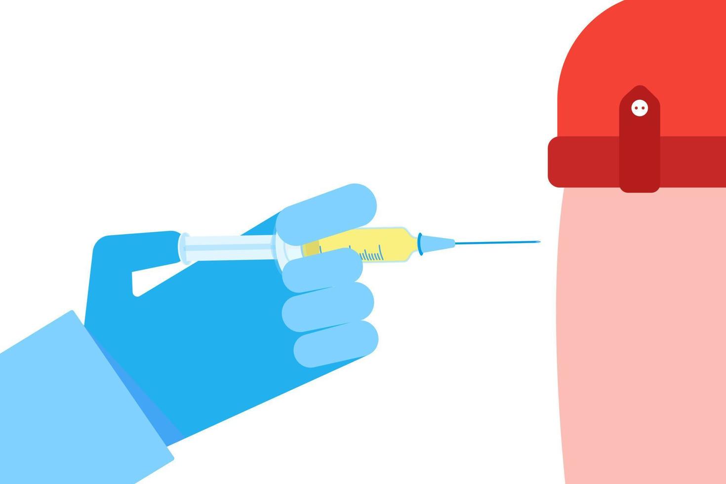 läkare vaccinerar patienten med skott av vaccin med spruta, vass nål och textvaccinationskoncept för sjukhus och hälsovård platt stil vektorillustration isolerad på vit bakgrund. vektor