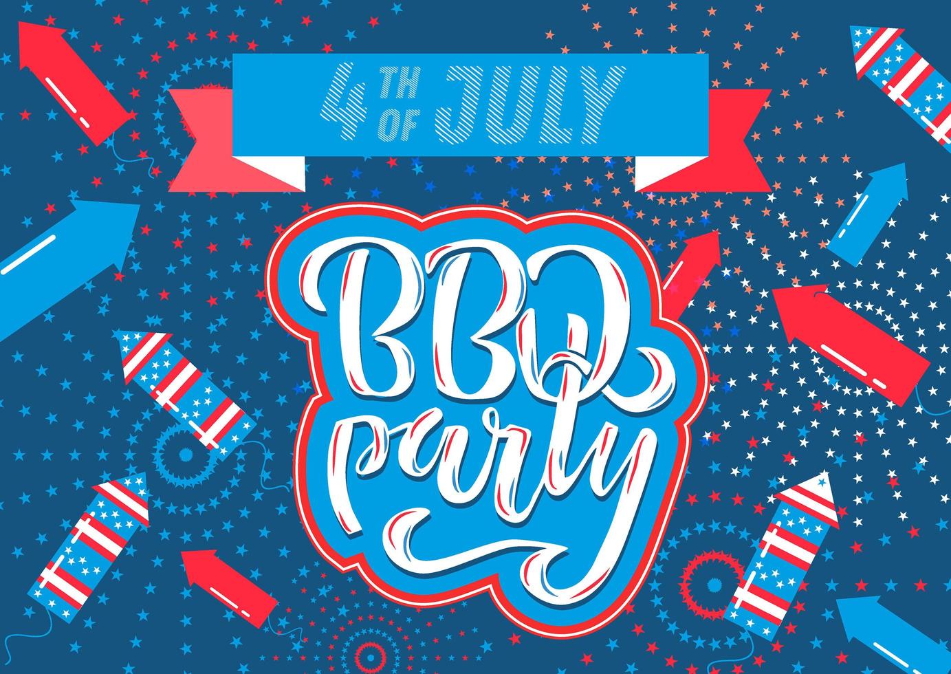 4 juli bbq party bokstäver inbjudan till amerikansk självständighetsdagen grill med 4 juli dekorationer stjärnor, flaggor, fyrverkerier på blå bakgrund. vektor handritad illustration.