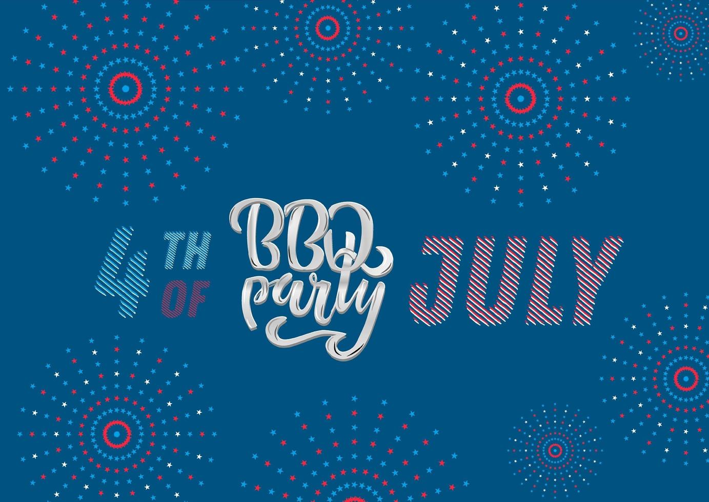 4 juli bbq party bokstäver inbjudan till amerikansk självständighetsdagen grill med 4 juli dekorationer stjärnor, flaggor, fyrverkerier på blå bakgrund. vektor handritad illustration.
