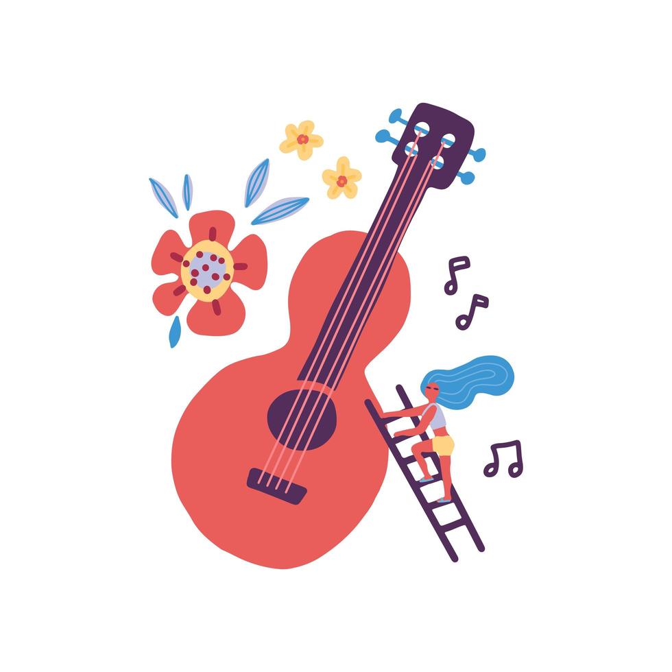 winzige musikerinnen, die gitarrenzeichentrickfiguren spielen. musikinstrument, pflanzenblätter, gitarristin mit kleinen leitern im skandinavischen stil clipart. musikbandkonzert flache hand gezeichnete illustration vektor