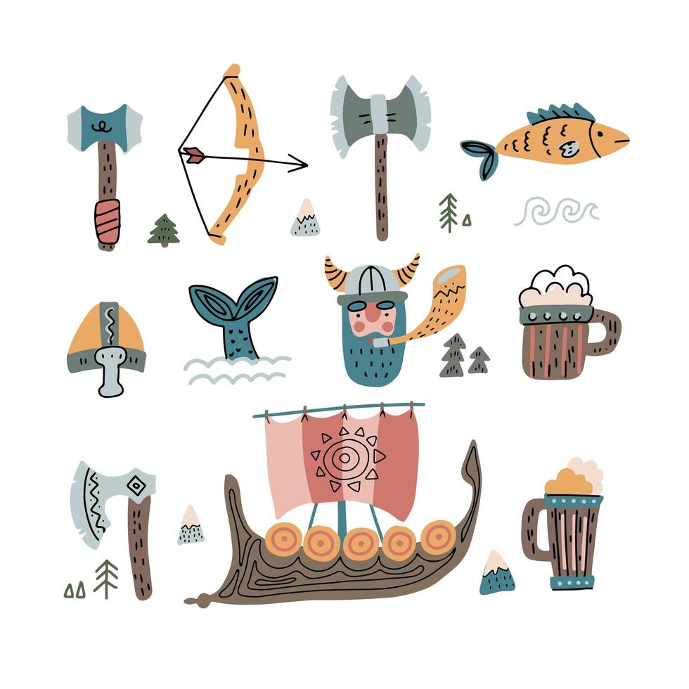 set viking. kniv, drakkar, yxa, hjälm, svärd, hammare, tor. doodle skandinavisk vektor färggravyr illustration isolerad på vit bakgrund. handritad element för affisch, skriva ut för barn varor.