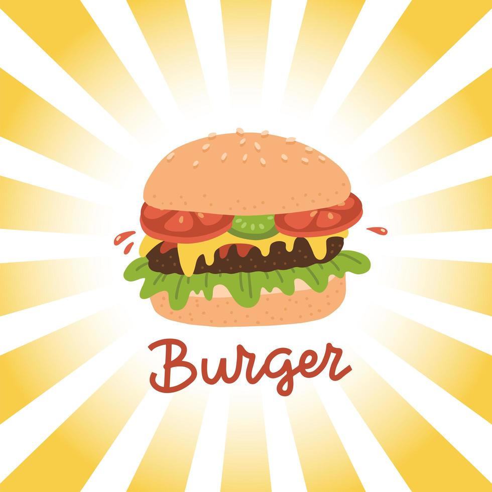 Streetfood-Schriftzug mit Burger und Strahlen im Retro-Stil auf dem Hintergrund. vektor