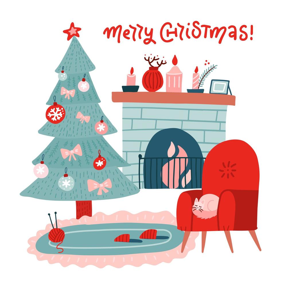 weihnachtliches kaminzimmer im farbenfrohen skandinavischen flachen stil. weihnachtsbaum, dekoration, roter sessel, kamin. gemütliche noel xmas night feier innenvektorillustration. vektor