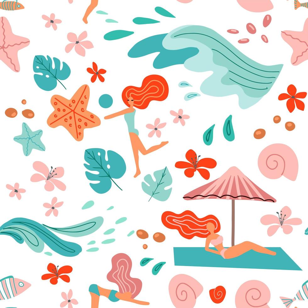 tropischer hintergrund mit palmblättern, meereswellen und mädchen im bikini. nahtloses sommerferienmuster. Strandvektorillustration im skandinavischen Stil auf weißem Hintergrund vektor