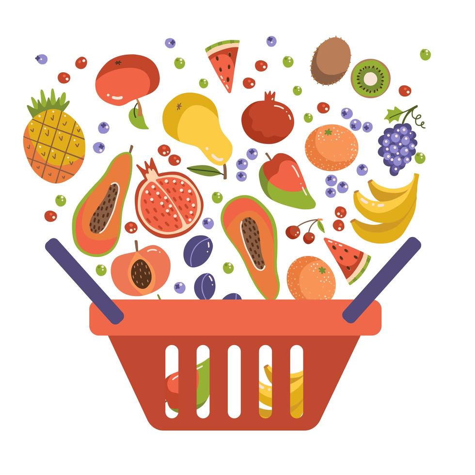Einkaufskorb mit fallenden Früchten. gesundes lebensmittelkonzept. Sommermahlzeit. vektorflache illustration mit apfel, traube, banane, orange birne erdbeer aprikose und beeren. vektor