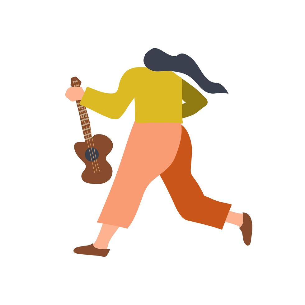 gitarrist med akustisk gitarr. bakifrån av rolig musik rockstjärna karaktär. platt vektor doodle illustration