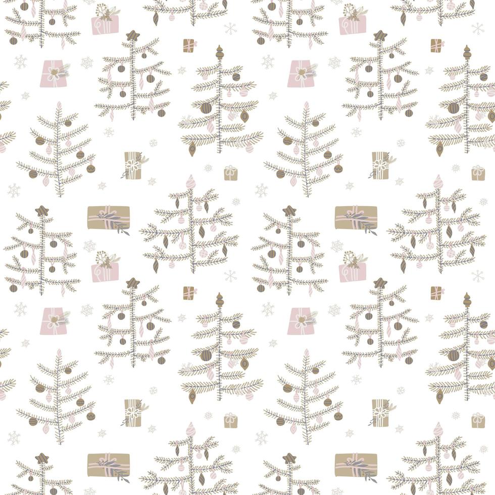 vektor seamless mönster i skandinavisk stil. vackra doodle prydnad dekorerade julgranar med presentförpackning. oändliga xmas bakgrund i hygge stil.