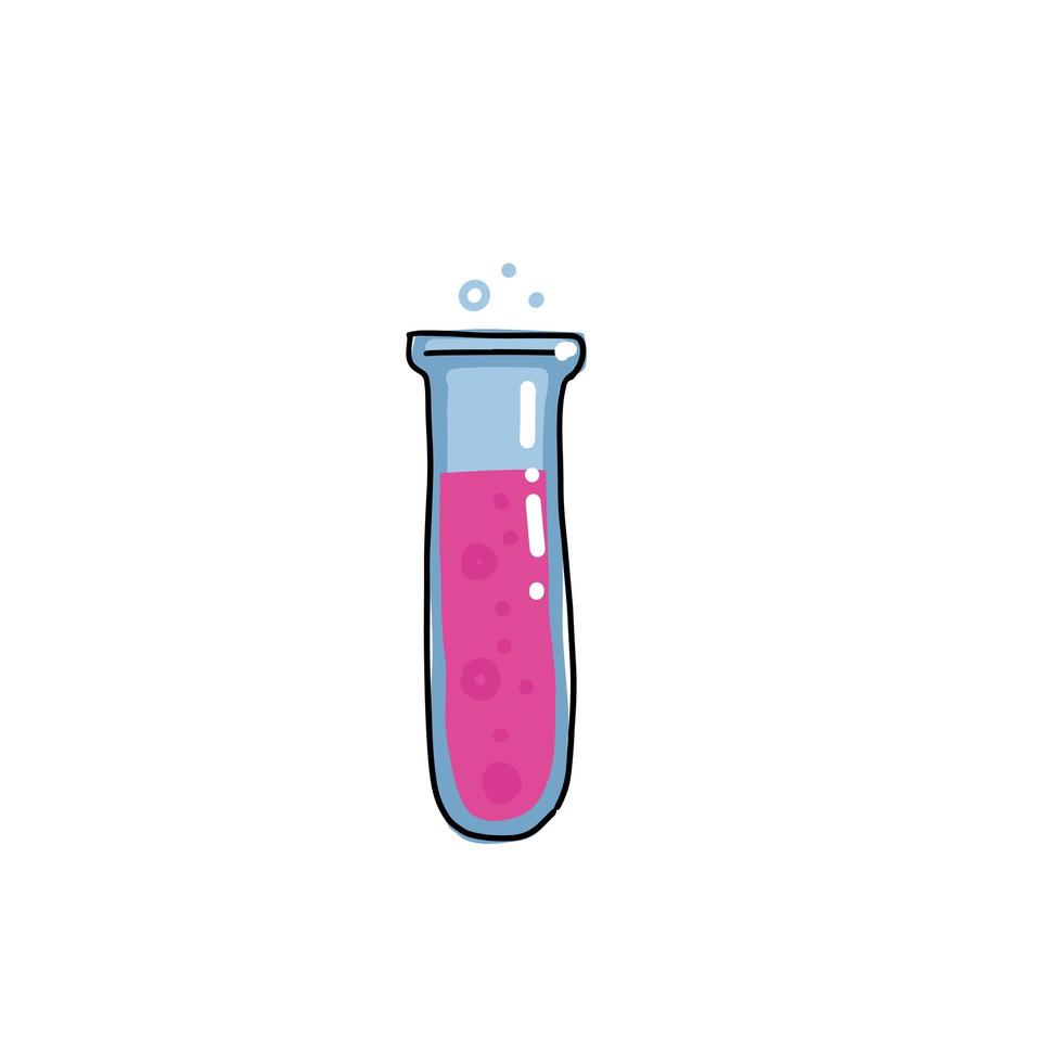Reagenzglas Vektor Farbe skizzierte Skizzensymbol isoliert auf weißem Hintergrund. hand gezeichnete runde birne mit rosa blasenflüssigkeit. Röhren kritzeln Skizze für Infografik, Website, Glasflaschen mit rosa Wasser