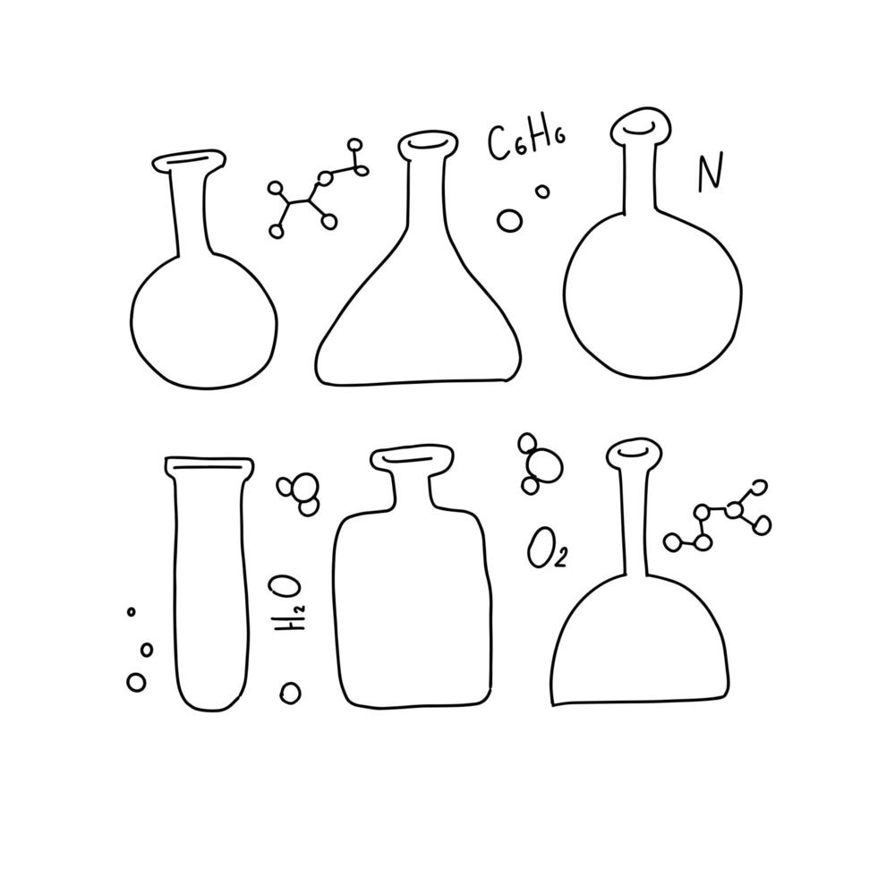 Satz von 6 Chemie-Reagenzgläsern, Kolben mit verschiedenen Formen, Vektorskizze. bildung und wissenschaft isolierte illustration in der dünnen schwarzen linie gekritzelart mit dekor. Sammlung von handgezeichneten Glühbirnen vektor