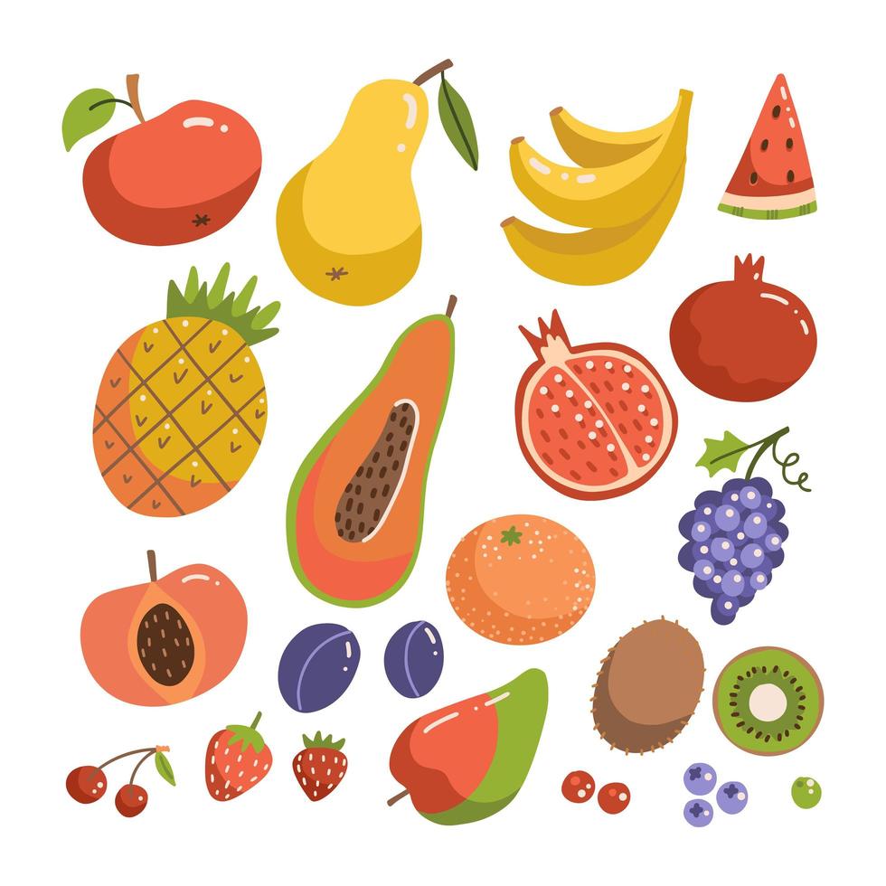 stort fruktset. modern platt vektordesign. isolerade föremål. frukt ikoner. handritad illustration samling. vektor
