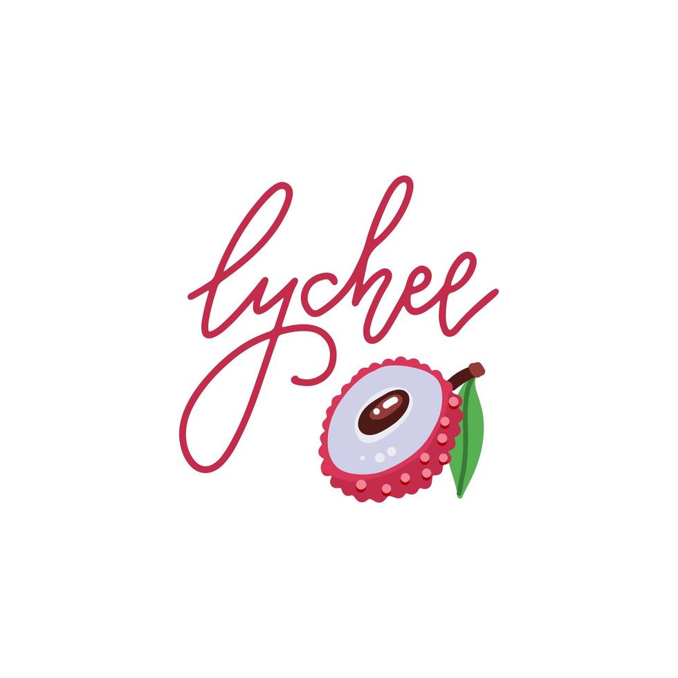 logotyp för söt litchi med handritad linjär bokstäver text. platt tecknad stil. vektor ikon illustration på isolerade vit bakgrund