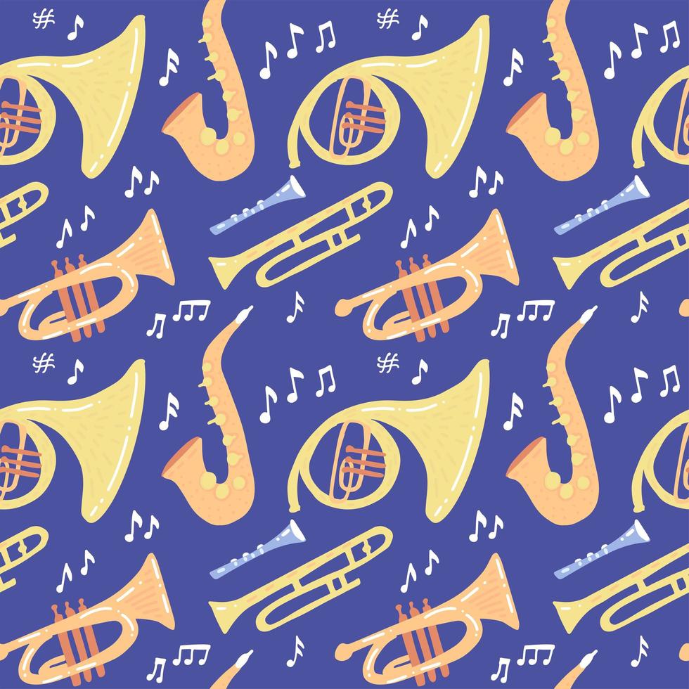 sömlösa mönster med blåsinstrument - trombon, trumpet, saxofon, fransk horn på mörkblå bakgrund. vektor platt handritad illustration.